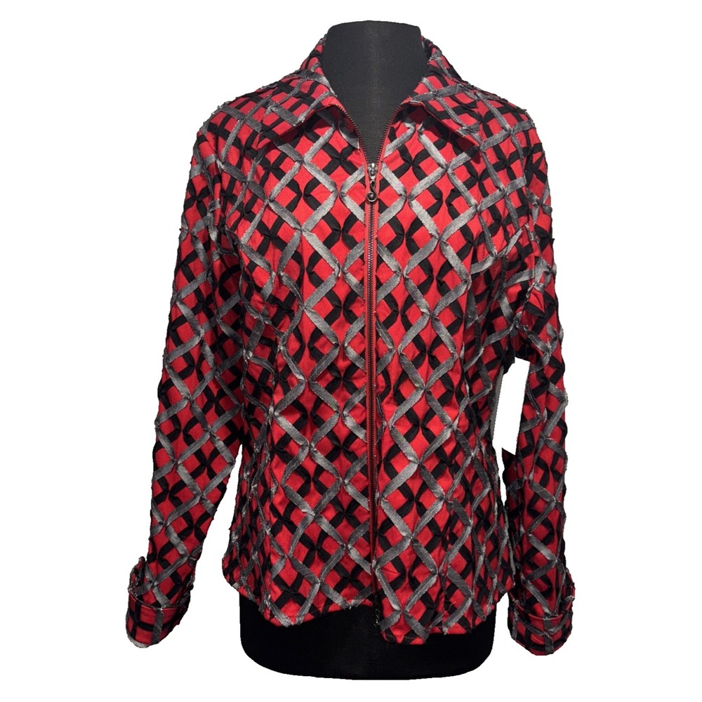 NEW Samuel‎ Dong Short Jacket Size Large Red Black Diamond Full Zip Artsy Retro